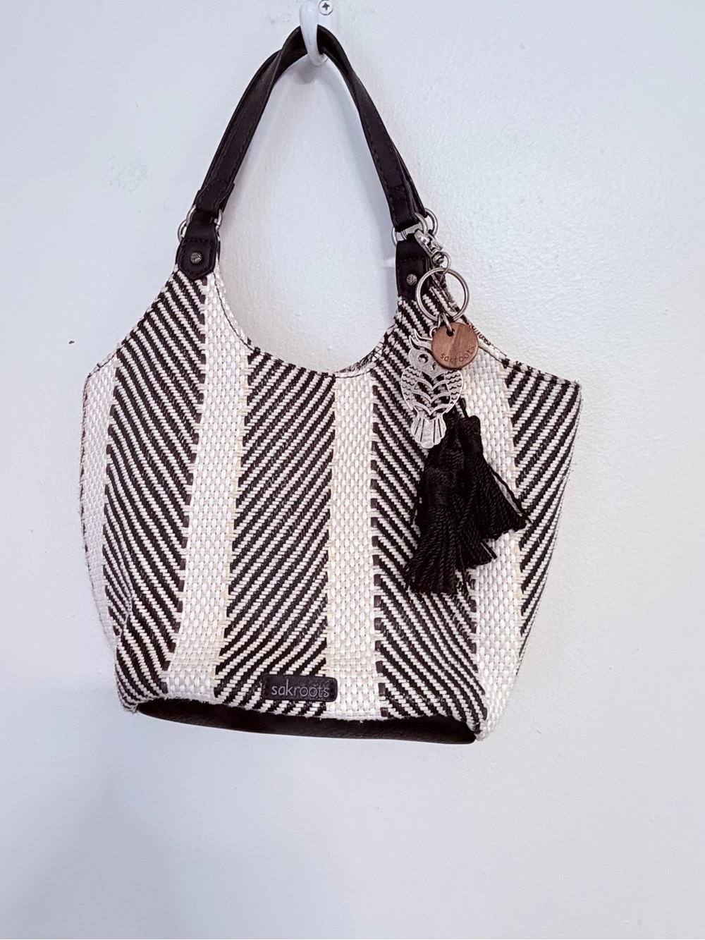 Sakroots Black & White Striped Woven Shoulder Tote